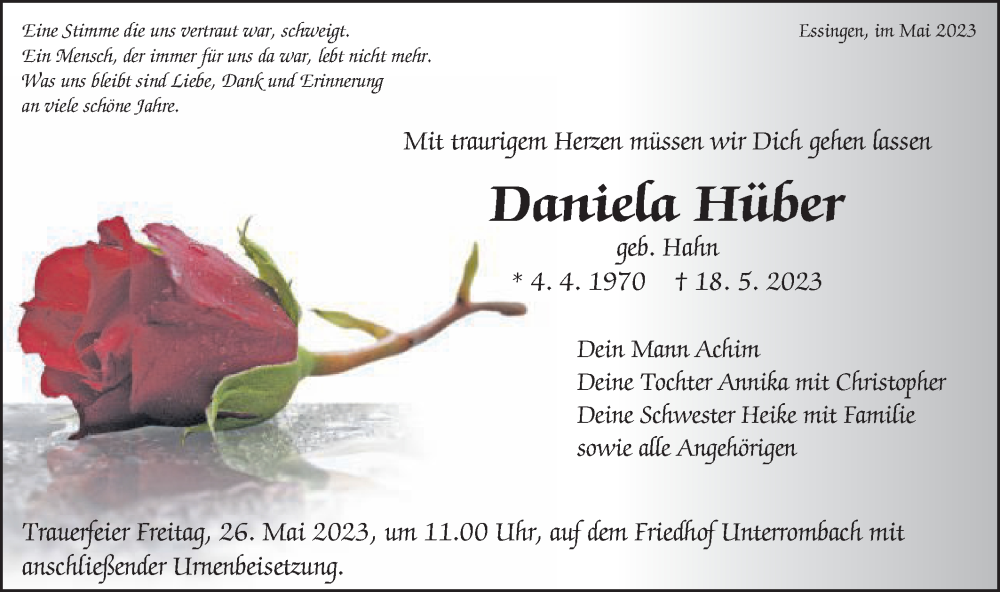  Traueranzeige für Daniela Hüber vom 23.05.2023 aus Schwäbische Post