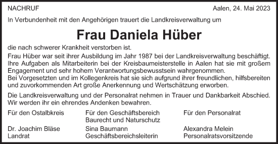 Traueranzeige von Daniela Hüber von Schwäbische Post