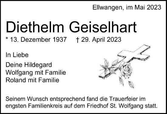 Traueranzeige von Diethelm Geiselhart von Schwäbische Post