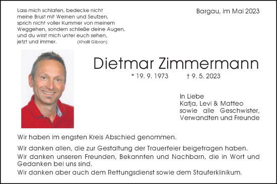 Traueranzeige von Dietmar Zimmermann von Gmünder Tagespost