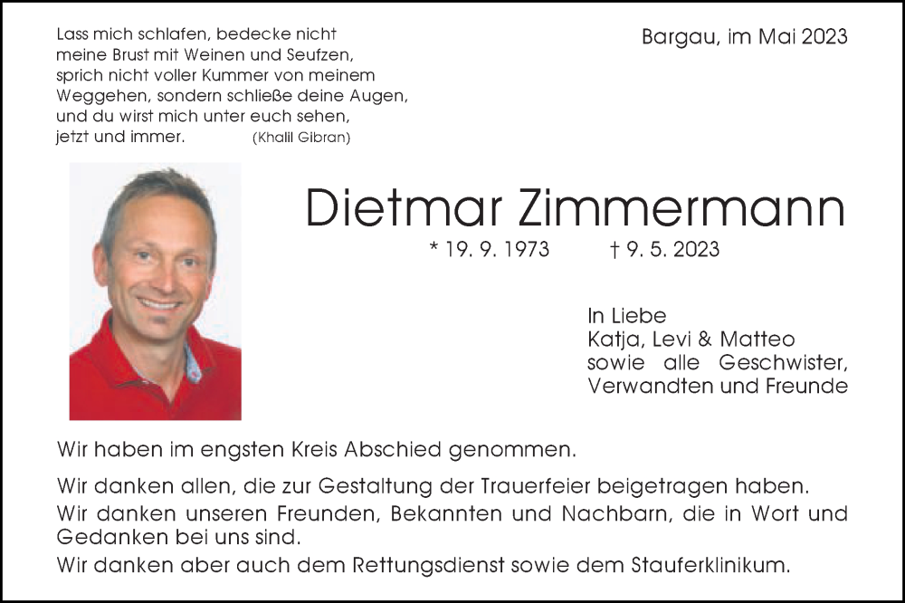  Traueranzeige für Dietmar Zimmermann vom 20.05.2023 aus Gmünder Tagespost