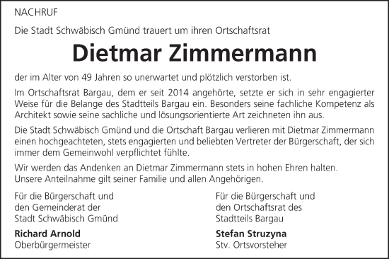 Traueranzeige von Dietmar Zimmermann von Gmünder Tagespost