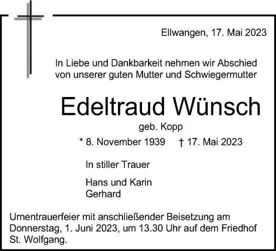 Traueranzeige von Edeltraud Wünsch von Schwäbische Post