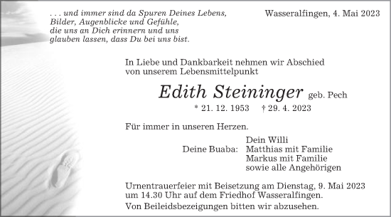 Traueranzeige von Edith Steininger von Schwäbische Post
