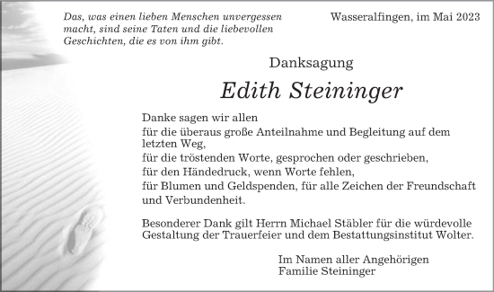 Traueranzeige von Edith Steininger von Schwäbische Post