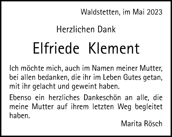 Traueranzeige von Elfriede Klement von Gmünder Tagespost