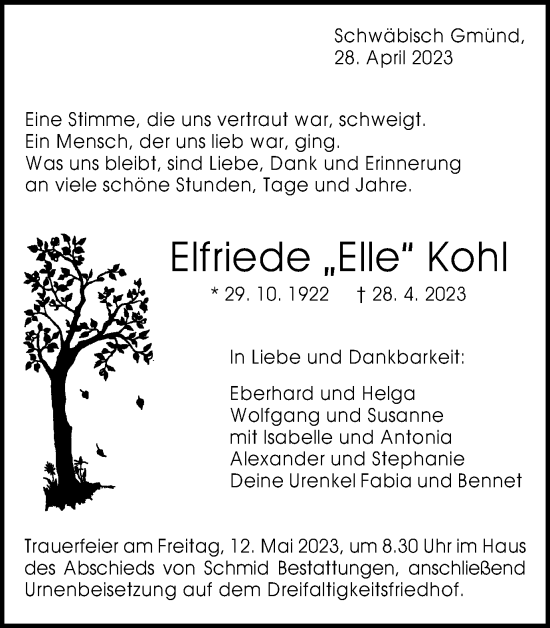 Traueranzeige von Elfriede Kohl