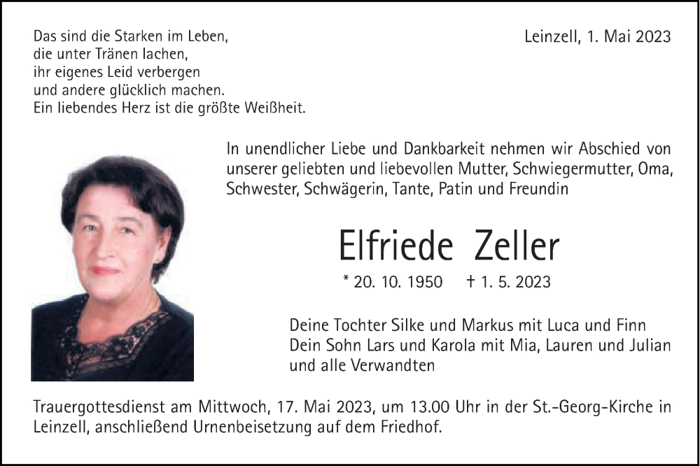 Traueranzeige für Elfriede Zeller vom 11.05.2023 aus Gmünder Tagespost