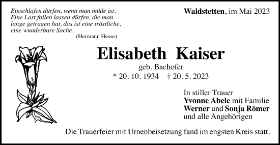 Traueranzeige von Elisabeth Kaiser von Gmünder Tagespost