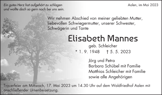 Traueranzeige von Elisabeth Mannes von Schwäbische Post