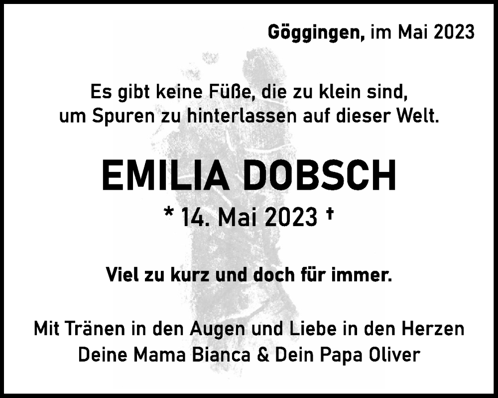  Traueranzeige für Emilia Dobsch vom 20.05.2023 aus Gmünder Tagespost