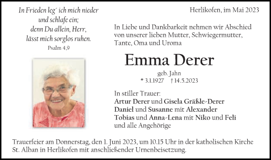 Traueranzeige von Emma Derer von Gmünder Tagespost