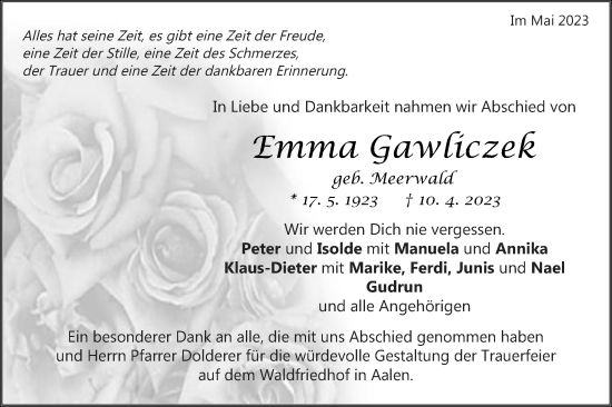 Traueranzeige von Emma Gawliczek von Schwäbische Post