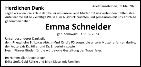 Traueranzeige von Emma Schneider von Schwäbische Post