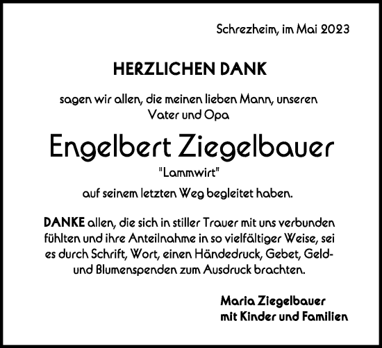 Traueranzeige von Engelbert Ziegelbauer