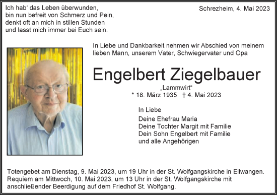 Traueranzeige von Engelbert Ziegelbauer von Schwäbische Post