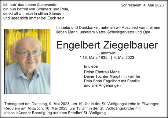 Traueranzeige von Engelbert Ziegelbauer