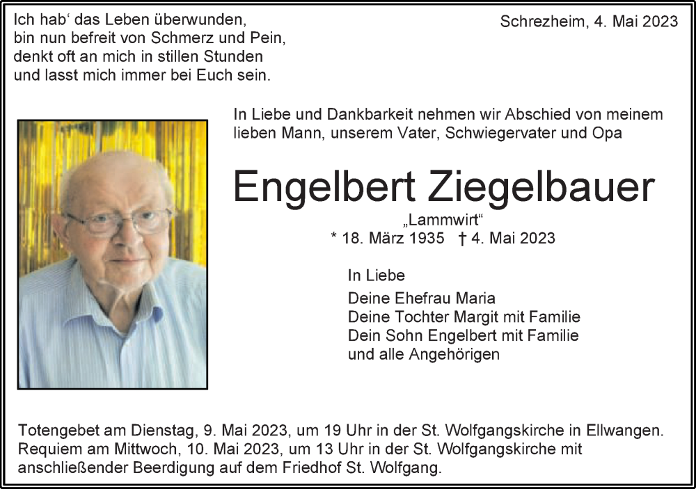  Traueranzeige für Engelbert Ziegelbauer vom 06.05.2023 aus Schwäbische Post