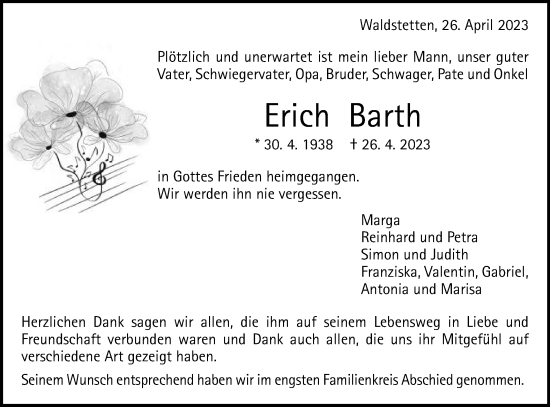 Traueranzeige von Erich Barth von Gmünder Tagespost