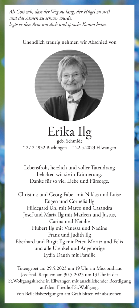  Traueranzeige für Erika Ilg vom 25.05.2023 aus Schwäbische Post