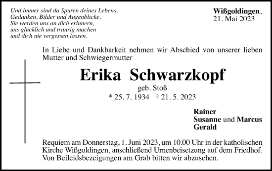 Traueranzeige von Erika Schwarzkopf von Gmünder Tagespost