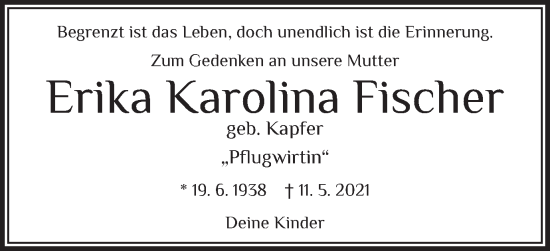 Traueranzeige von Erika Karolina Fischer von Schwäbische Post