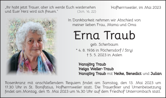 Traueranzeige von Erna Traub von Schwäbische Post
