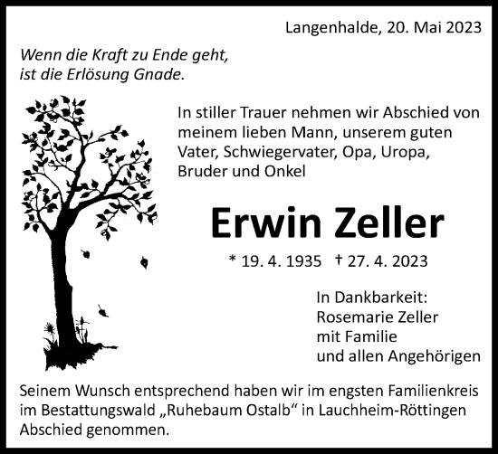 Traueranzeige von Erwin Zeller von Schwäbische Post