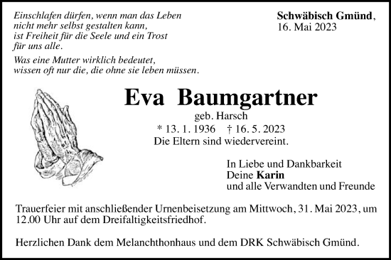 Traueranzeige von Eva Baumgartner von Gmünder Tagespost