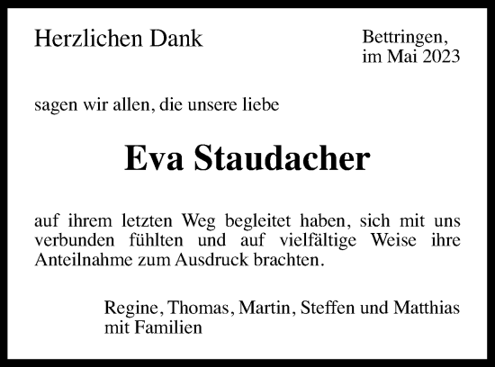 Traueranzeige von Eva Staudacher von Gmünder Tagespost