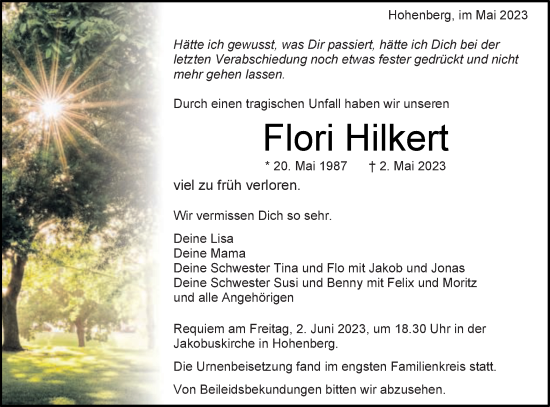 Traueranzeige von Flori Hilkert von Schwäbische Post