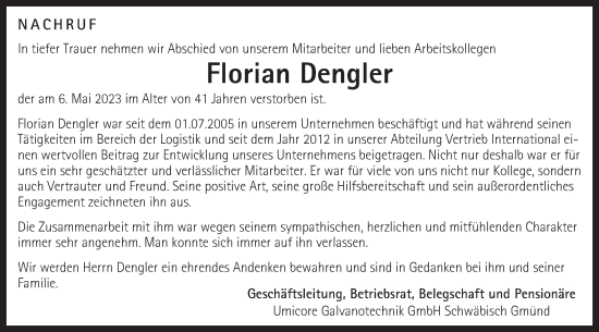 Traueranzeige von Florian Dengler von Gmünder Tagespost