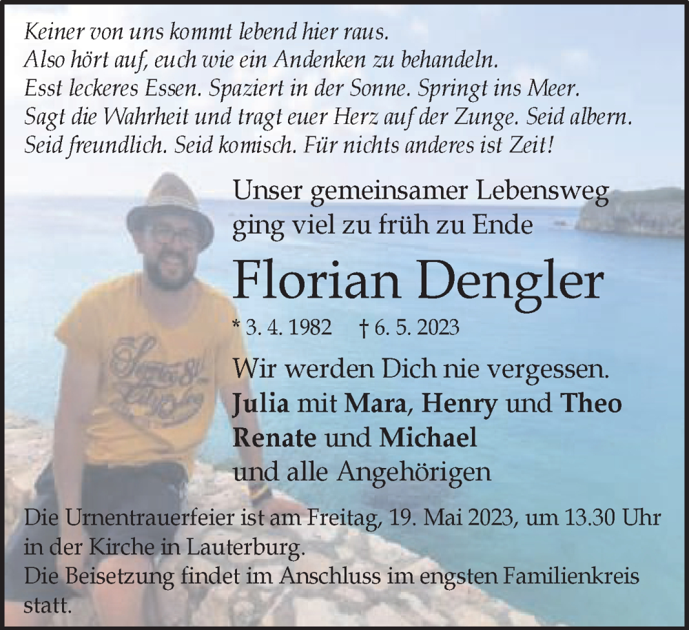  Traueranzeige für Florian Dengler vom 16.05.2023 aus Gmünder Tagespost