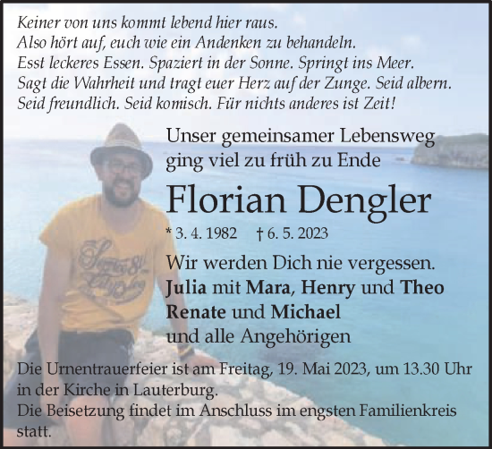 Traueranzeige von Florian Dengler von Gmünder Tagespost