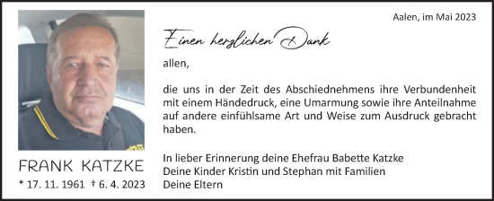 Traueranzeige von Frank Katzke von Schwäbische Post