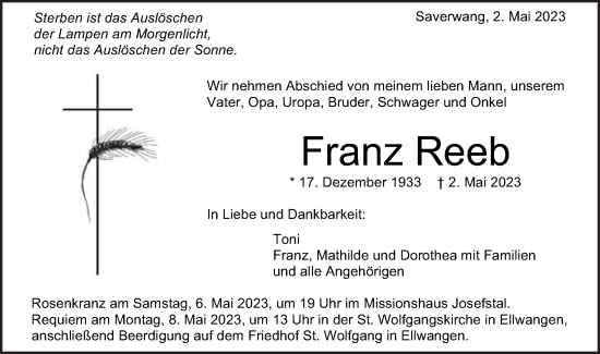 Traueranzeige von Franz Reeb von Schwäbische Post