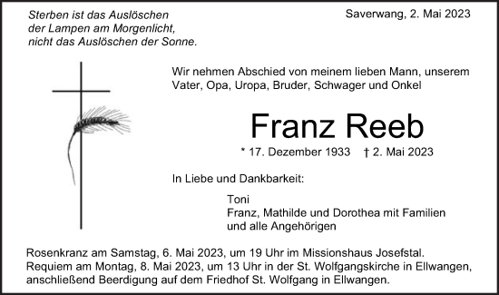 Traueranzeige von Franz Reeb