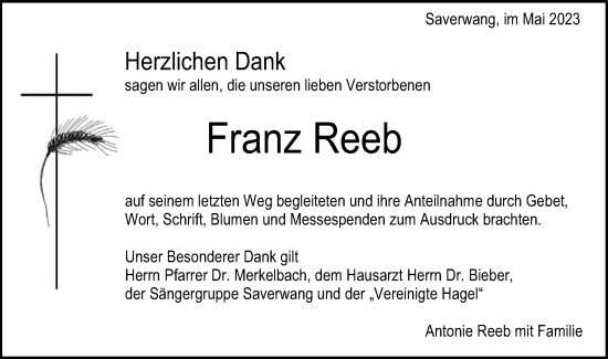 Traueranzeige von Franz Reeb von Schwäbische Post
