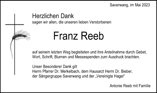 Traueranzeige von Franz Reeb