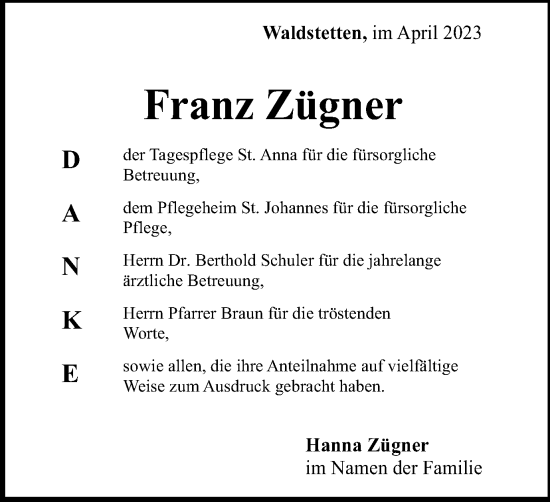 Traueranzeige von Franz Zügner von Gmünder Tagespost