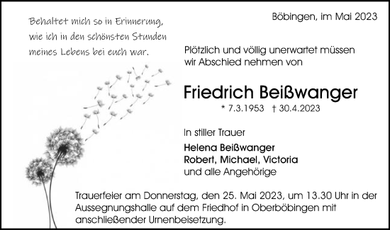 Traueranzeige von Friedrich Beißwanger von Gmünder Tagespost
