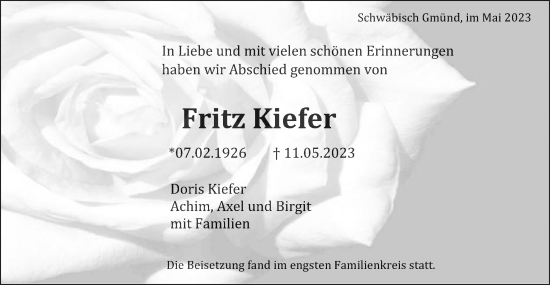 Traueranzeige von Fritz Kiefer von Gmünder Tagespost