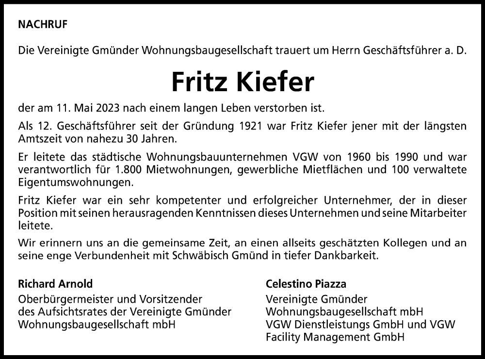  Traueranzeige für Fritz Kiefer vom 27.05.2023 aus Gmünder Tagespost