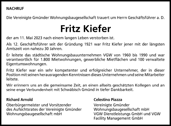 Traueranzeige von Fritz Kiefer von Gmünder Tagespost