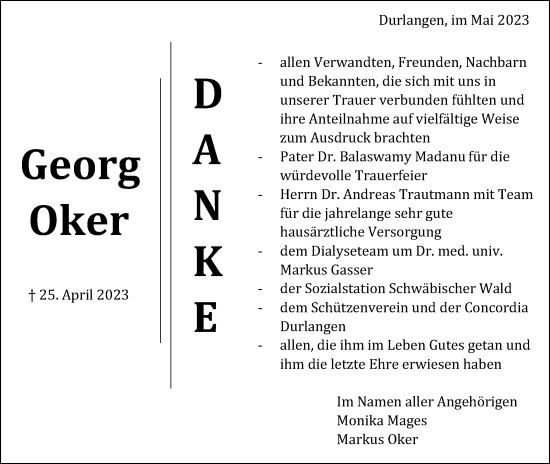 Traueranzeige von Georg Oker von Gmünder Tagespost