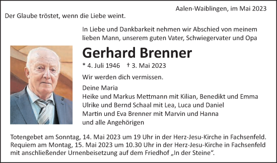 Traueranzeige von Gerhard Brenner von Schwäbische Post