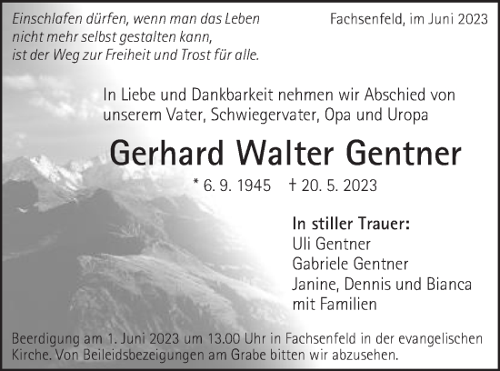 Traueranzeige von Gerhard Walter Gentner von Schwäbische Post