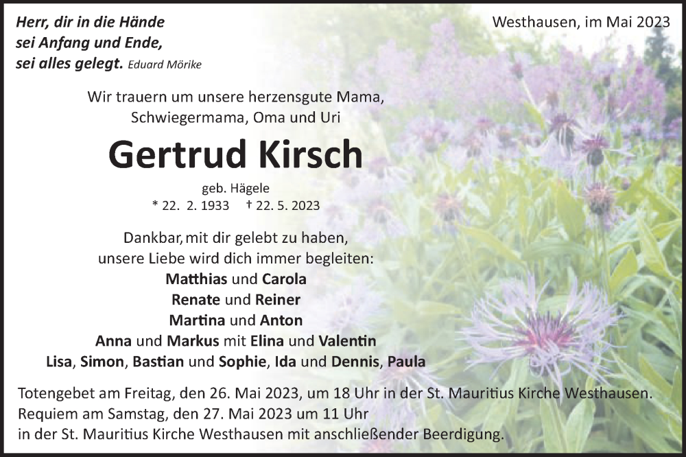  Traueranzeige für Gertrud Kirsch vom 25.05.2023 aus Schwäbische Post