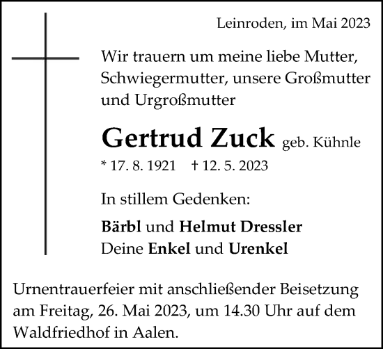 Traueranzeige von Gertrud Zuck von Schwäbische Post