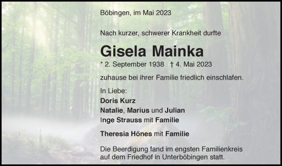 Traueranzeige von Gisela Mainka von Gmünder Tagespost